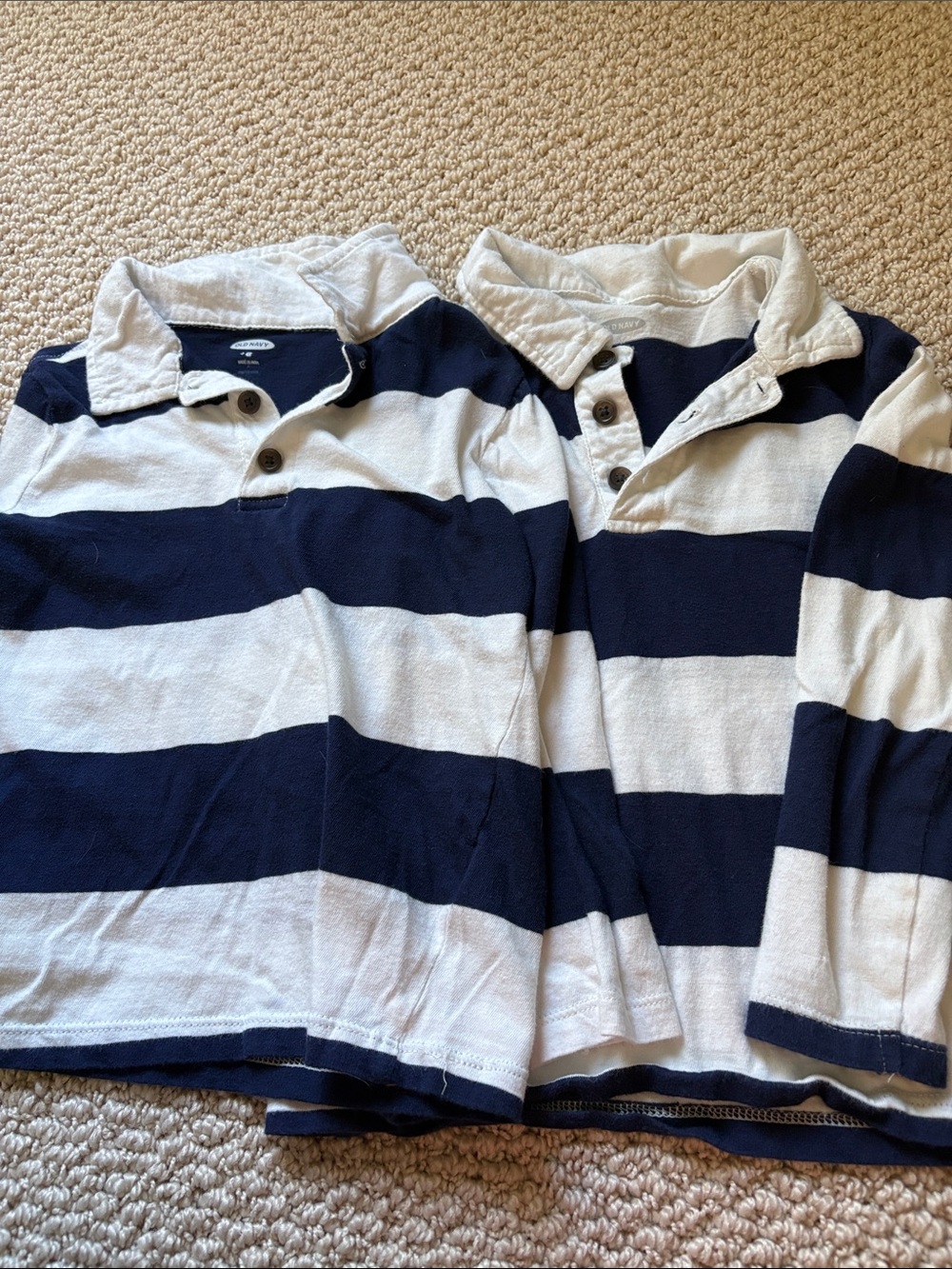 Set of 2 Navy and White Striped Long-Sleeve Polos for Twins